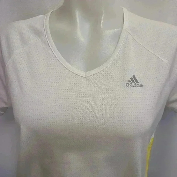 Adidas Climalite White Tee Top Yellow Three Stripe Logo Activewear Medium - Picture 2 of 14